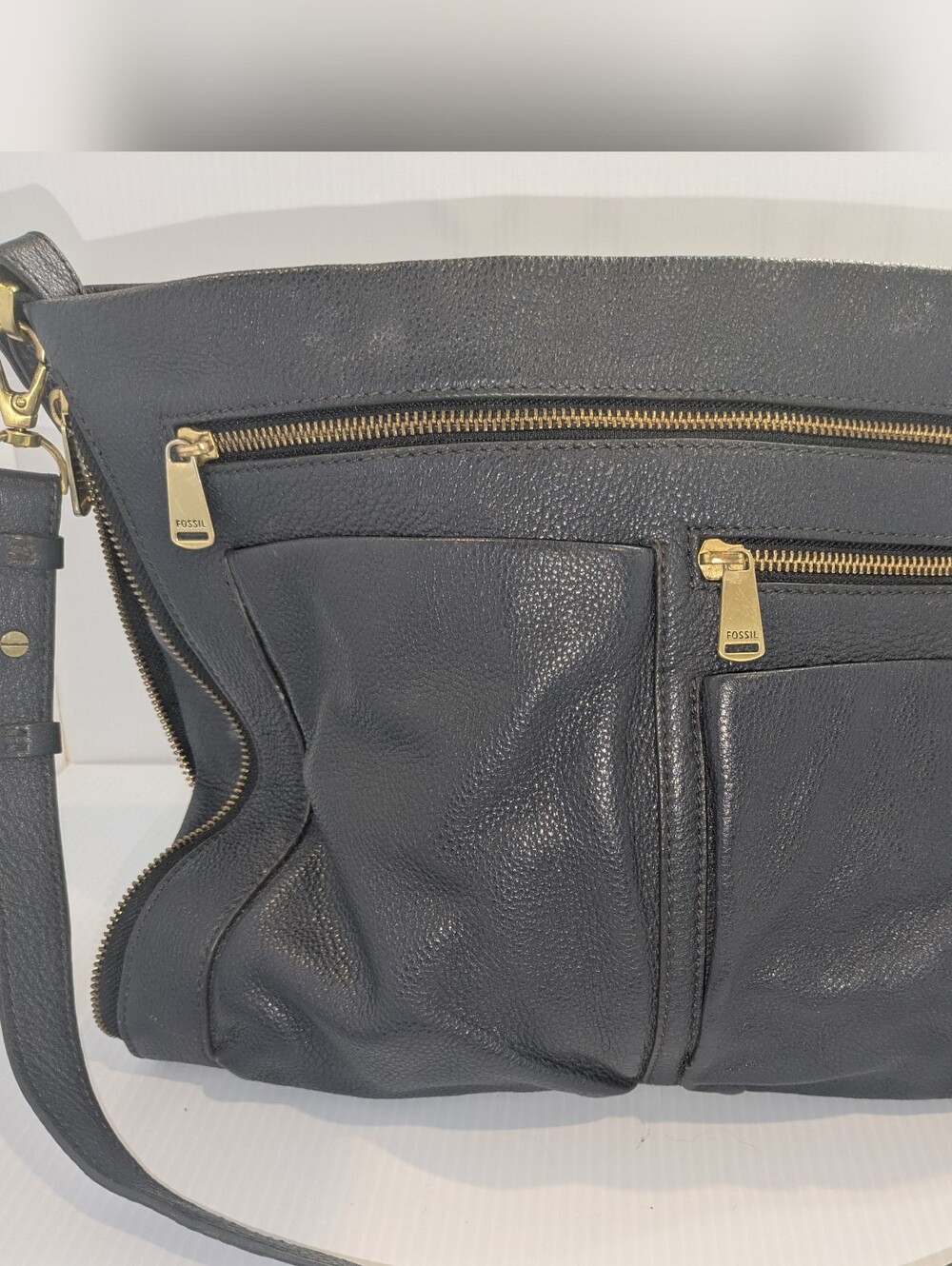 Fossil Pebbled Leather Crossbody Messenger Bag Blue Gray Multi Pocket Adjustable